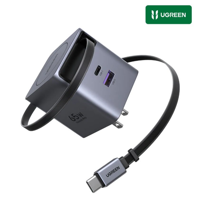 Cargador Ugreen Nexode de 65w con cable integrado retráctil y puerto USB-C de 60w y USB- A de 20w