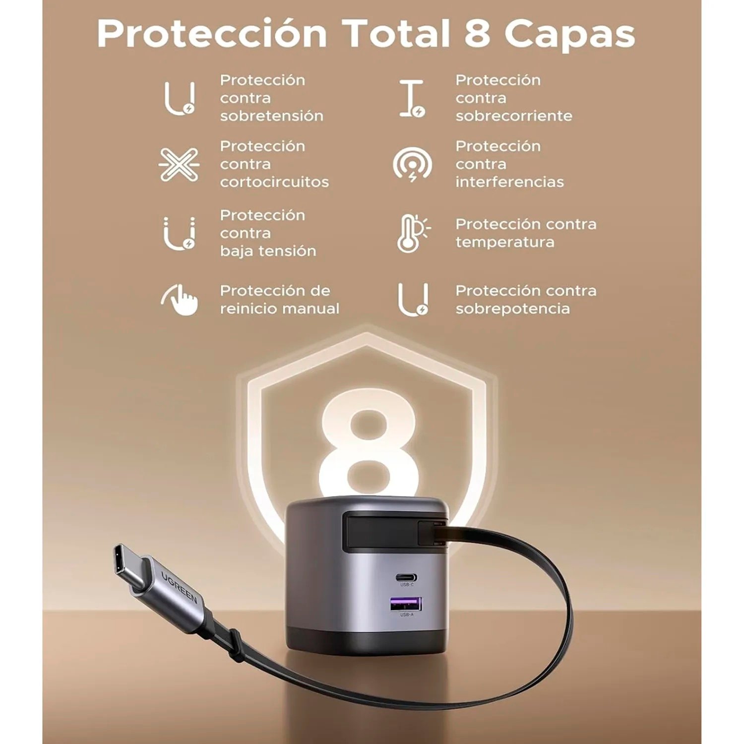 Cargador Ugreen Nexode de 65w con cable integrado retráctil y puerto USB-C de 60w y USB- A de 20w - Imagen 2