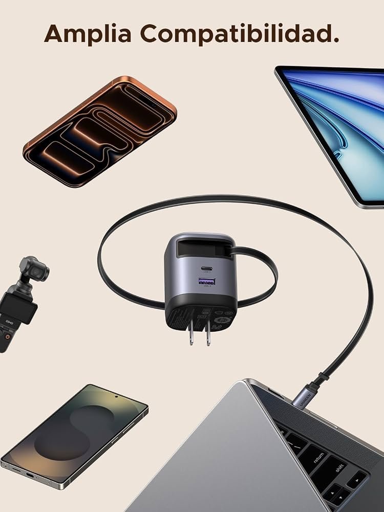 Cargador Ugreen Nexode de 65w con cable integrado retráctil y puerto USB-C de 60w y USB- A de 20w - Imagen 3
