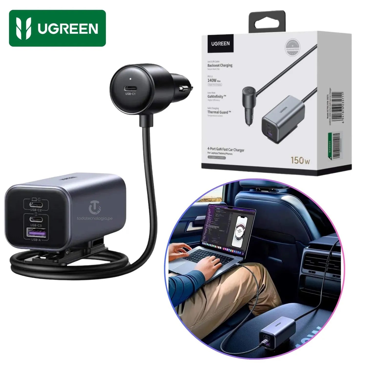 Cargador para Auto Ugreen multipuertos 150w - Imagen 3
