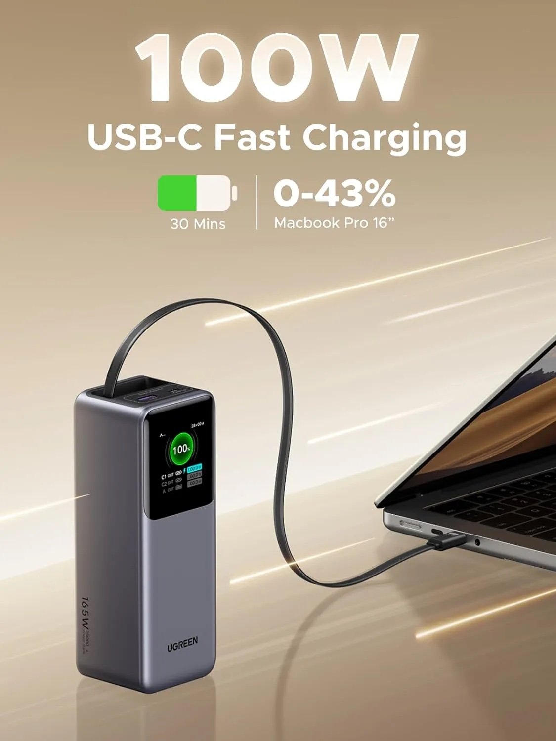 Power Bank Ugreen Nexode 20.000mAh de 165w con cable retráctil - Imagen 4