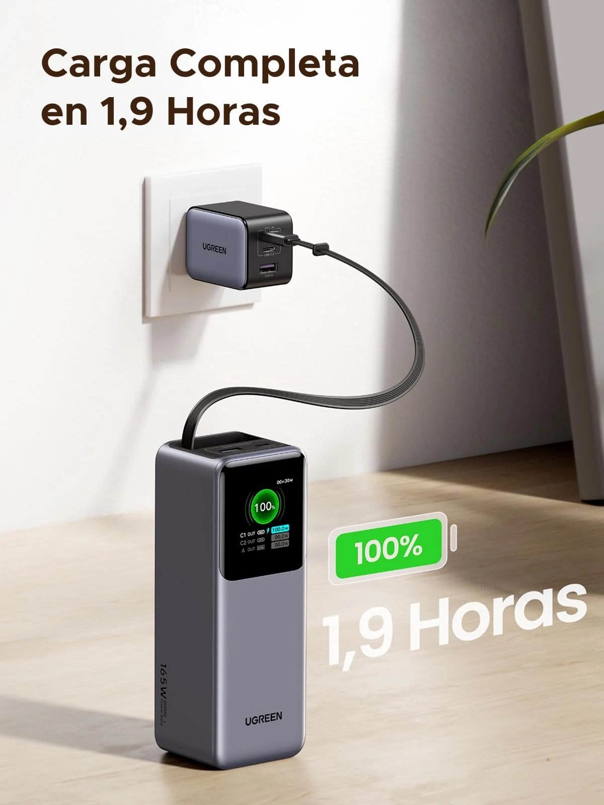 Power Bank Ugreen Nexode 20.000mAh de 165w con cable retráctil - Imagen 6