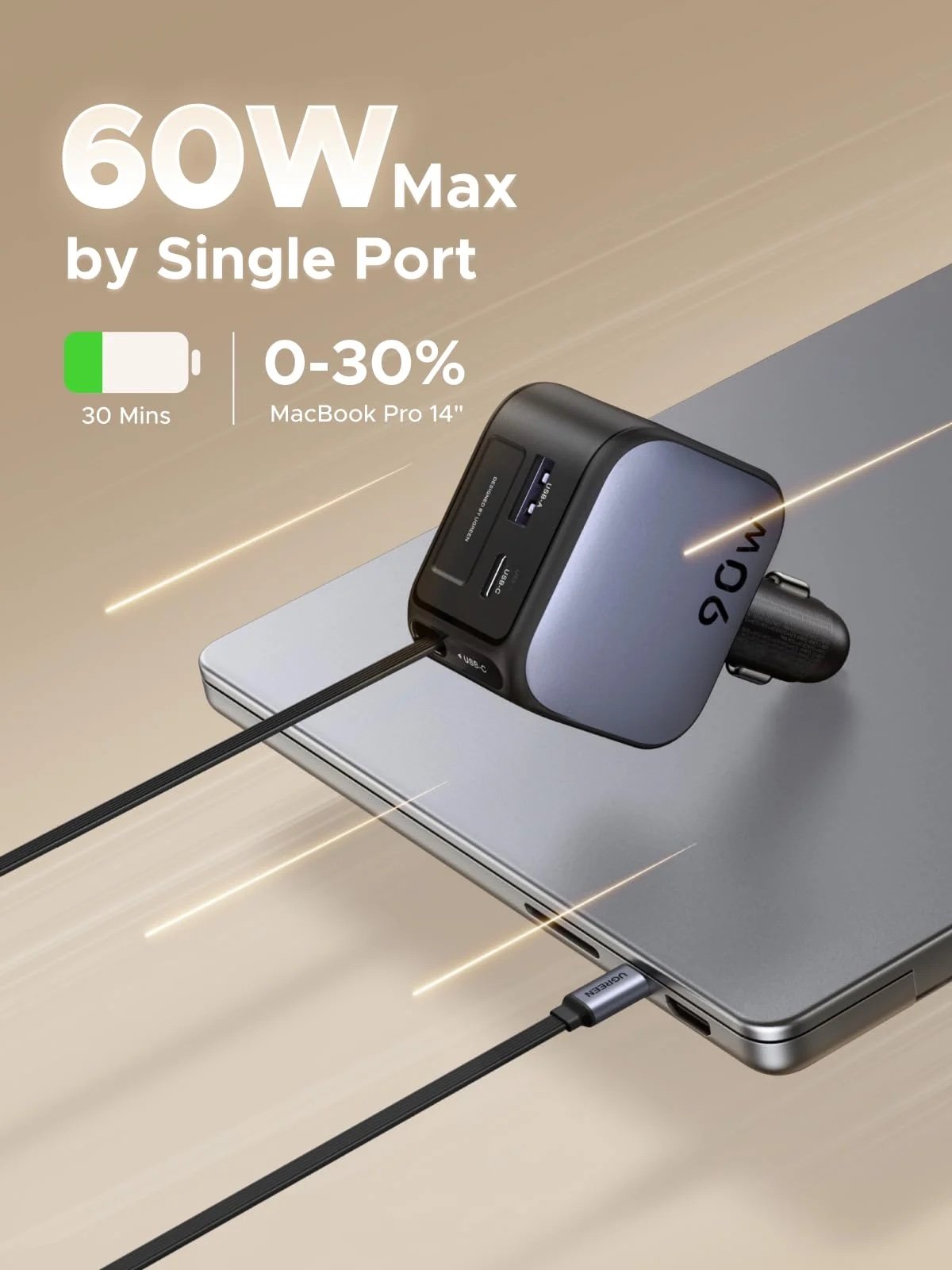 Cargador UGREEN Nexode para Auto 60W con Cable USB-C Retráctil - Imagen 2