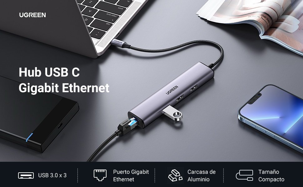 Adaptador Hub Ugreen con 3 puertos USB-A 3.0 y Puerto Ethernet - Imagen 4