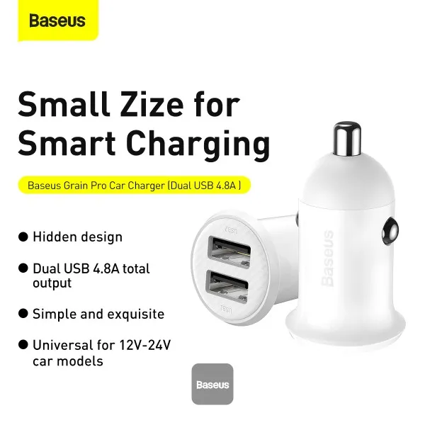 Cargador para auto Baseus Grain Pro 2 USB 5 V/4,8 A – White