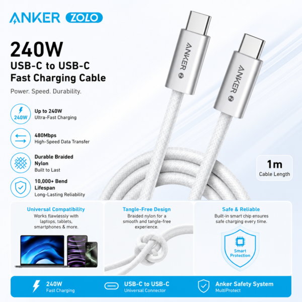 Alternative view of Cable Anker Zolo USB-C a USB-C 240W 1,5 m – White